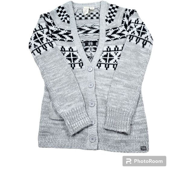 Billabong Sweaters - Billabong Fair Isle Gray Black Button Front Knit Cardigan Women's Size Small